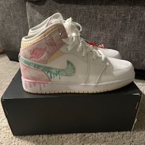 Jordan 1 mid paint drip pink yellow teal white , women 7.5 or 7 & youth size 6